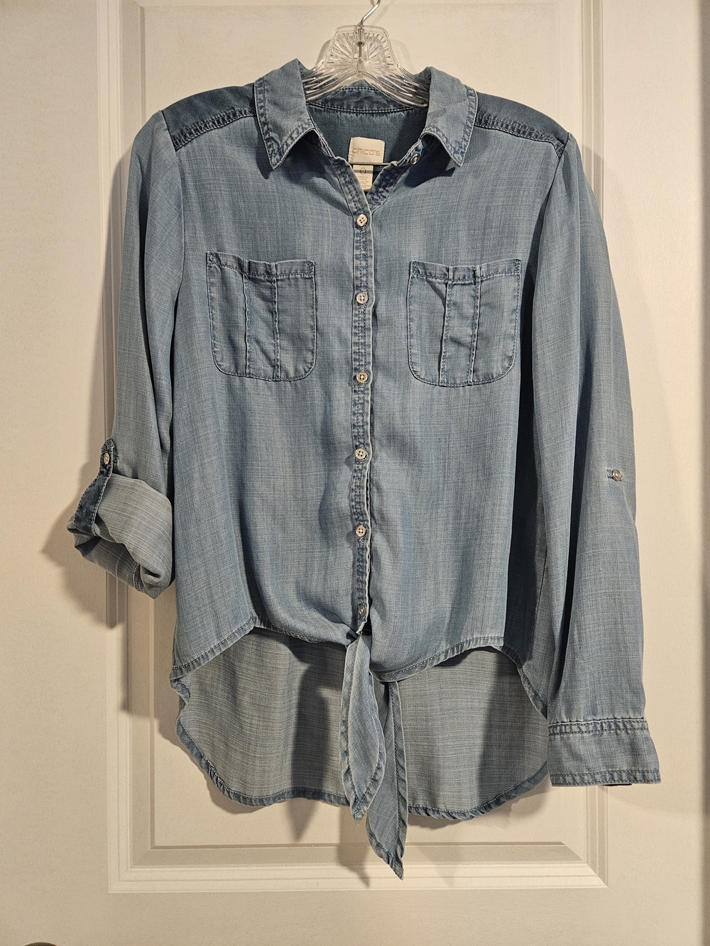 Chico’s Soft Chambray/Tencel Tie-Front Button Down Shirt – Size 0 (Small)